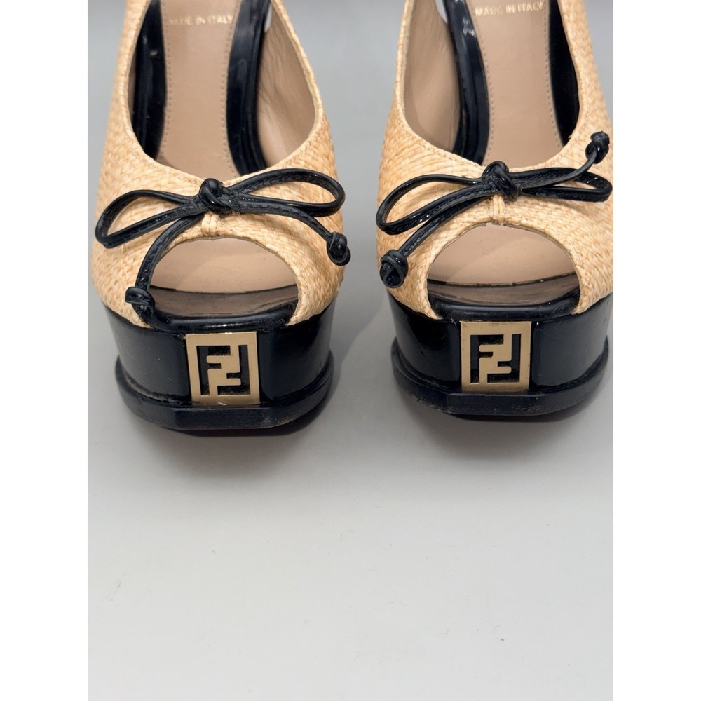 Fendi Raffia Slingback Heels Patent Bow Peep Toe Italy US 5.5 EU 35.5